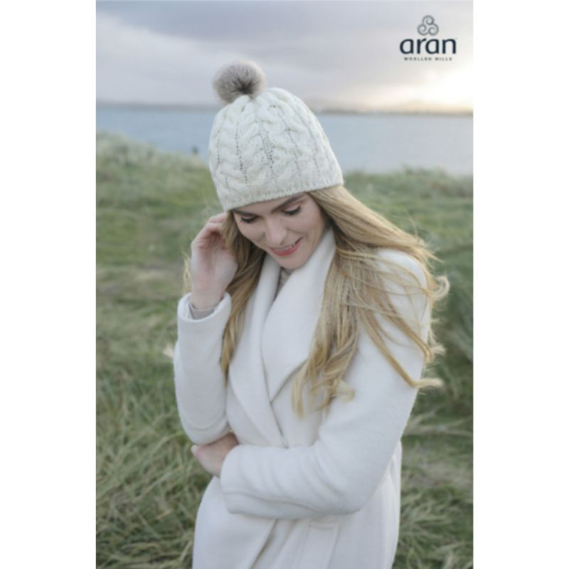Aran Knitted White and Faux Fur Bobble Hat